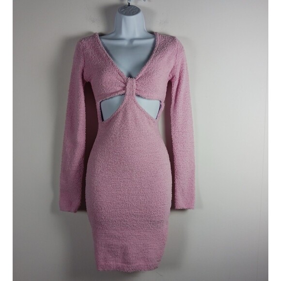 Hera Dresses & Skirts - Hera Pink Cut Out Sweater Dress Boucle Bodycon Stretch Long Sleeves Size S NWT